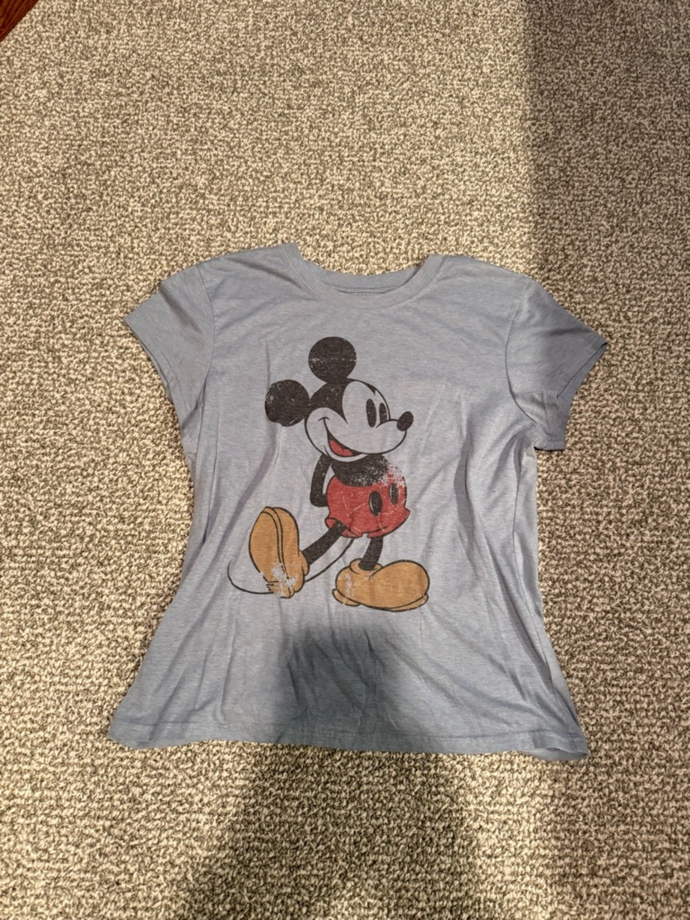 Disney Light Blue Mickey Graphic Tee with Red and Yellow Accents
